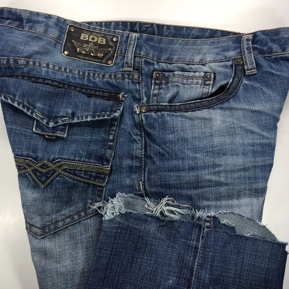 Buffalo‎ David Bitton Mens Blue Jeans 34X28 Boot Cut Ripped Rough Cuffs Denim